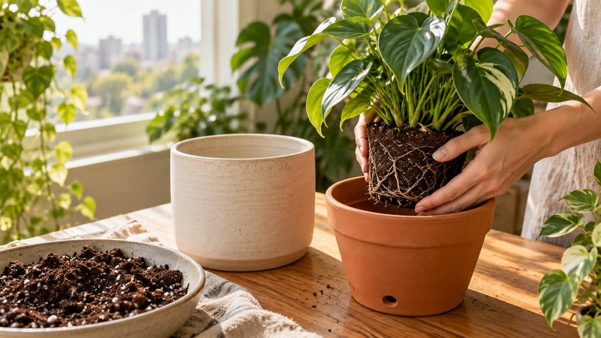 Pessoa posicionando uma planta em vaso de terracota com furo de drenagem ao lado de um cachepô