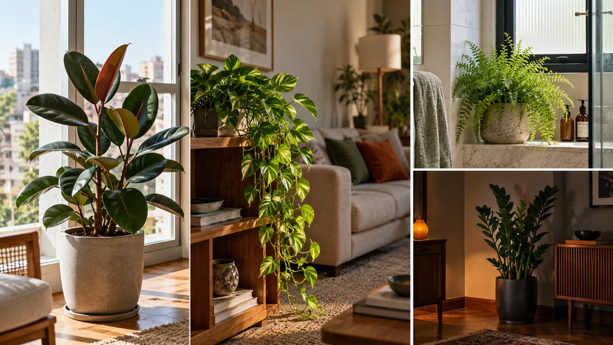 Composição de plantas de interior em ambientes diferentes de um apartamento iluminado