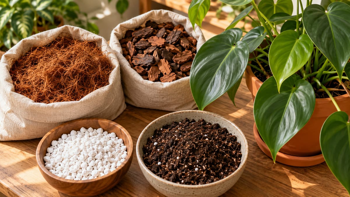 Componentes de substrato para plantas de interior organizados ao lado de um filodendro saudável