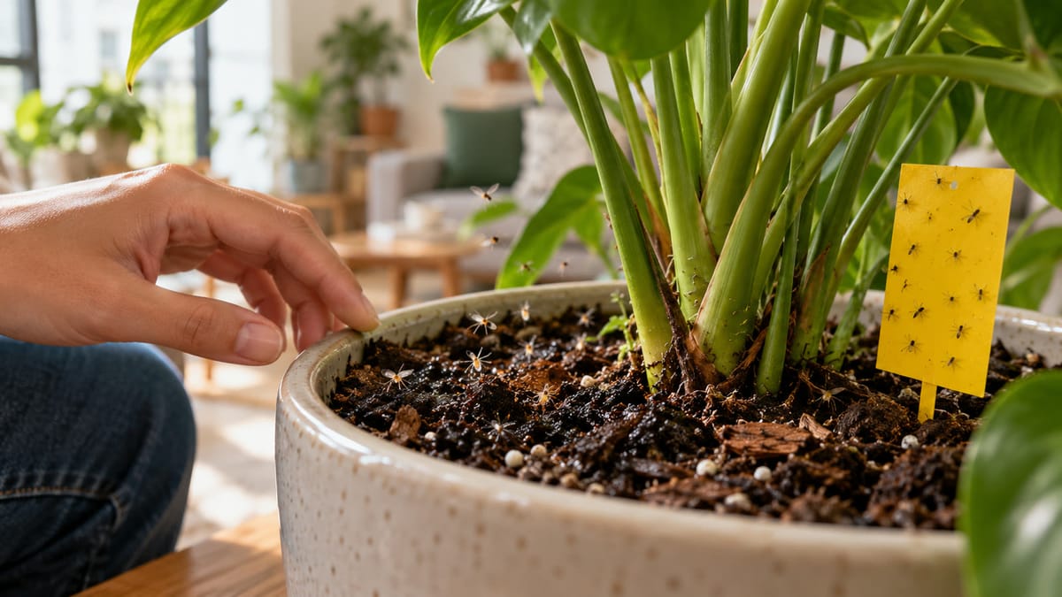 Mosquitinhos próximos ao substrato de uma planta de interior com armadilha adesiva amarela