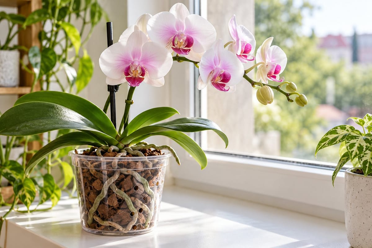 Orquídea de flores claras com centro rosado em recipiente transparente junto a uma janela.