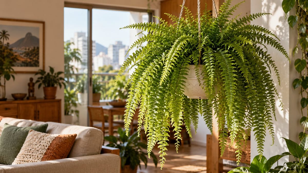 Samambaia de frondes compridas em vaso suspenso junto à janela de uma sala.