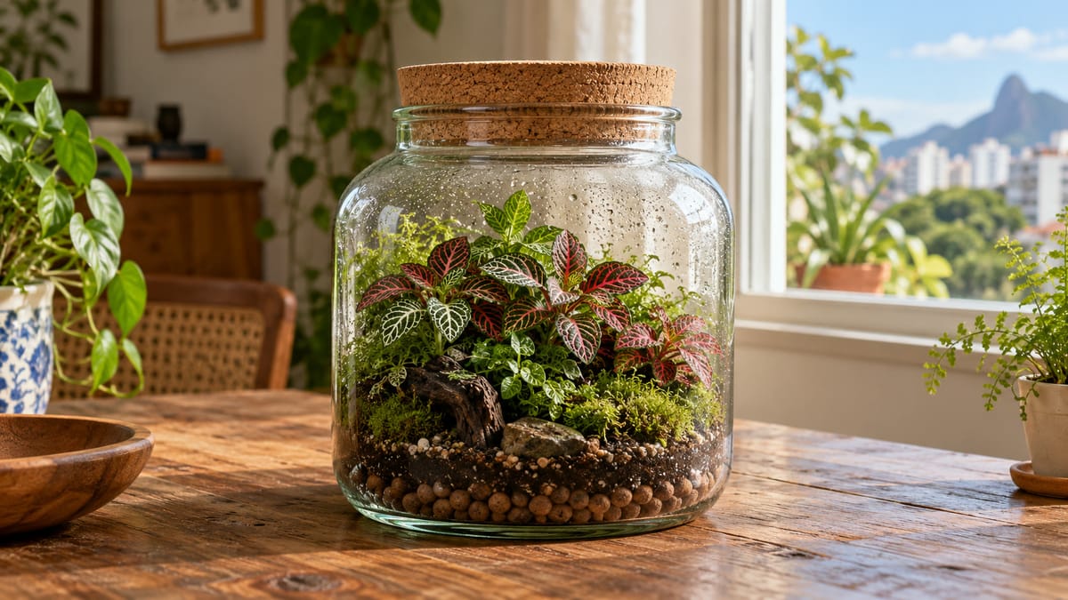 Terrário em pote de vidro fechado com tampa de cortiça, fitônias e musgo; ilustração gerada por IA.