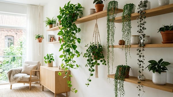 Cascatas Verdes em Interiores: Como Cultivar Jiboia, Peperômia e Samambaia-Peixe em Prateleiras e Vasos Suspensos
