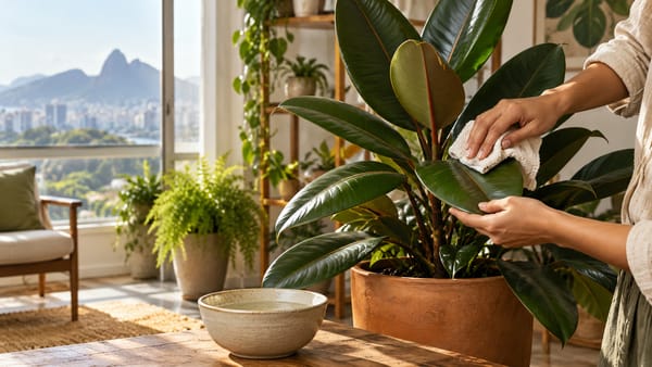 Pessoa limpando delicadamente uma folha de ficus com pano macio ao lado de uma janela