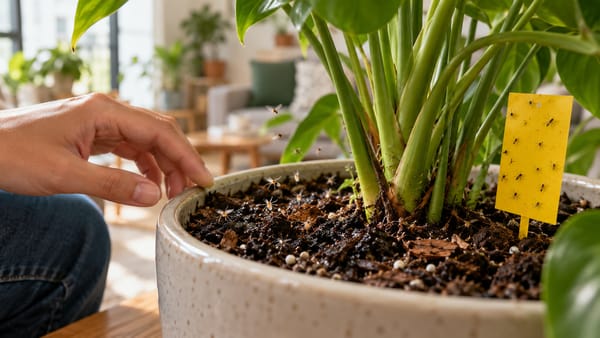 Mosquitinhos próximos ao substrato de uma planta de interior com armadilha adesiva amarela