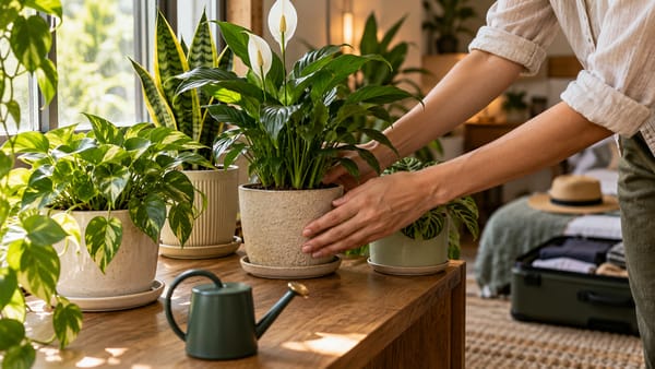 Pessoa preparando plantas de interior perto de uma janela antes de viajar