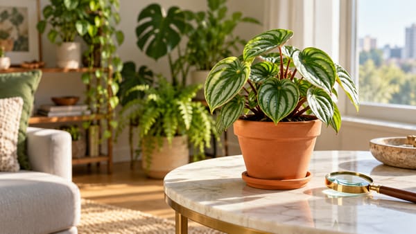 Planta nova em vaso de terracota observada separadamente de outras plantas de interior