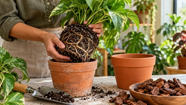 Mãos replantando uma planta de interior em vaso de terracota, com raízes e substrato aerado visíveis
