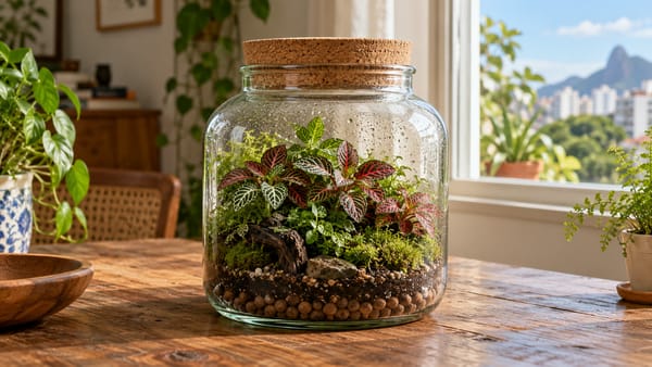 Terrário em pote de vidro fechado com tampa de cortiça, fitônias e musgo; ilustração gerada por IA.